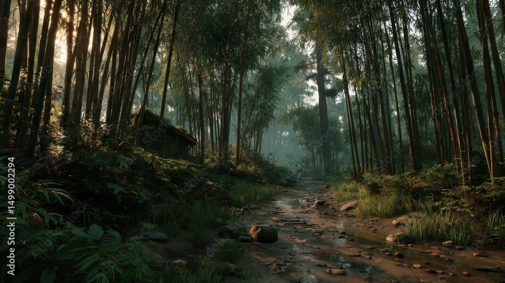 Obraz premium Sunlit Path Through Lush Green Forest