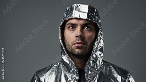 Man in shiny hooded foil suit staring with intense paranoid expression against plain studio background, World UFO Day