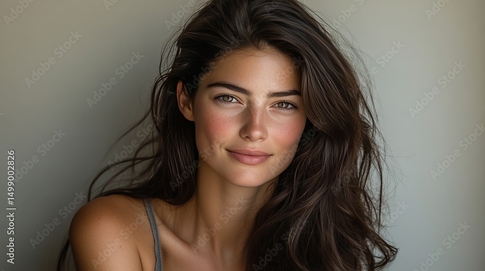 Portrait of a Beautiful Woman with Long, Dark Hair, and Natural Makeup on a Beige Background Portrait of a Beautiful Woman with Long, Dark Hair, and Natural Makeup on a Beige Background