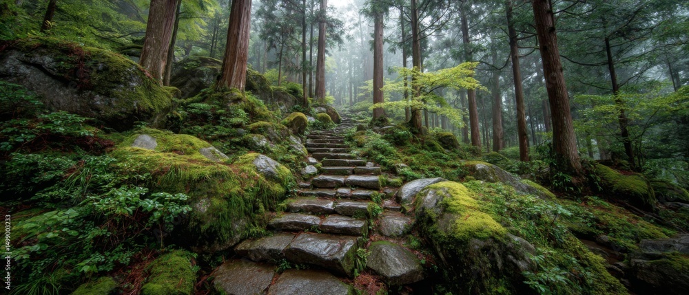 Obraz premium Stone Steps Winding Through a Lush Green Forest