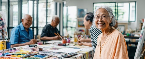 The joyful seniors engaging in a vibrant painting workshop together.