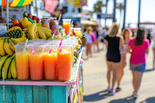 Fresh fruit drinks stand on a crowded boardwalk.