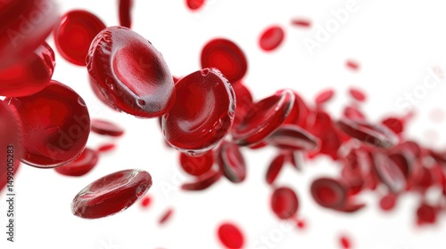 Red blood cells flowing through a blood vessel on white background