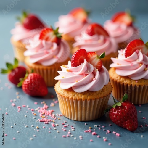 Frosted strawberry cupcakes, fresh berries, sprinkles , party, white, dessert