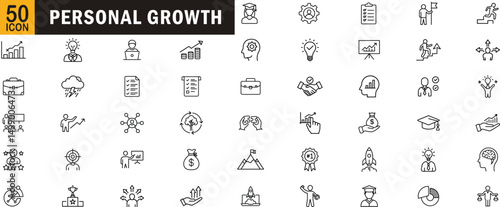 Personal growth line icon set. Self-development, motivation, success, learning, goals, improvement and mindset.
