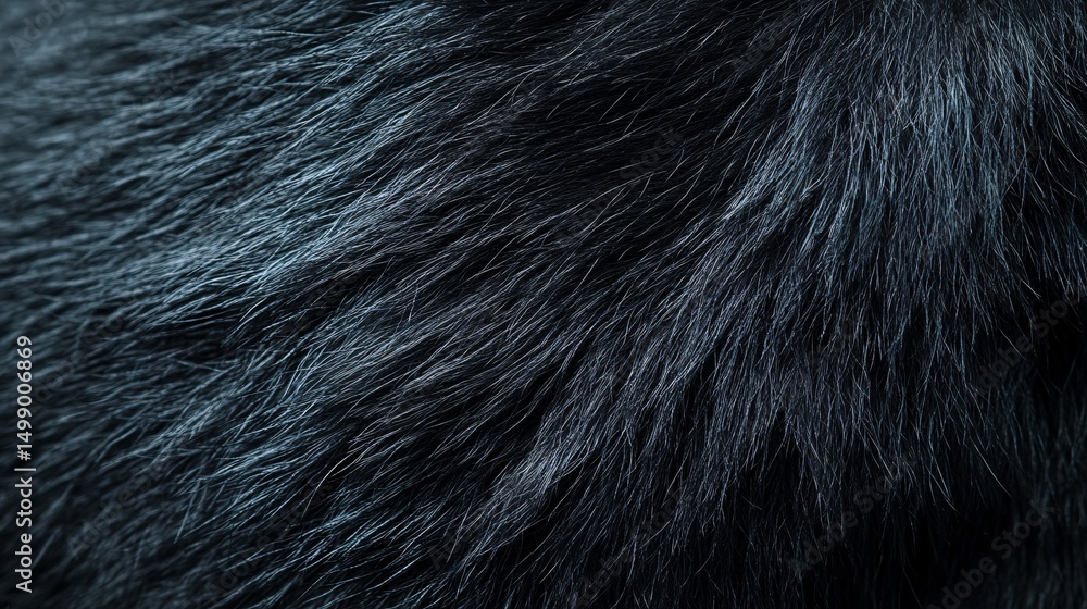 Fototapeta premium Black lemur fur macro, silky dark coat, Madagascar forest background