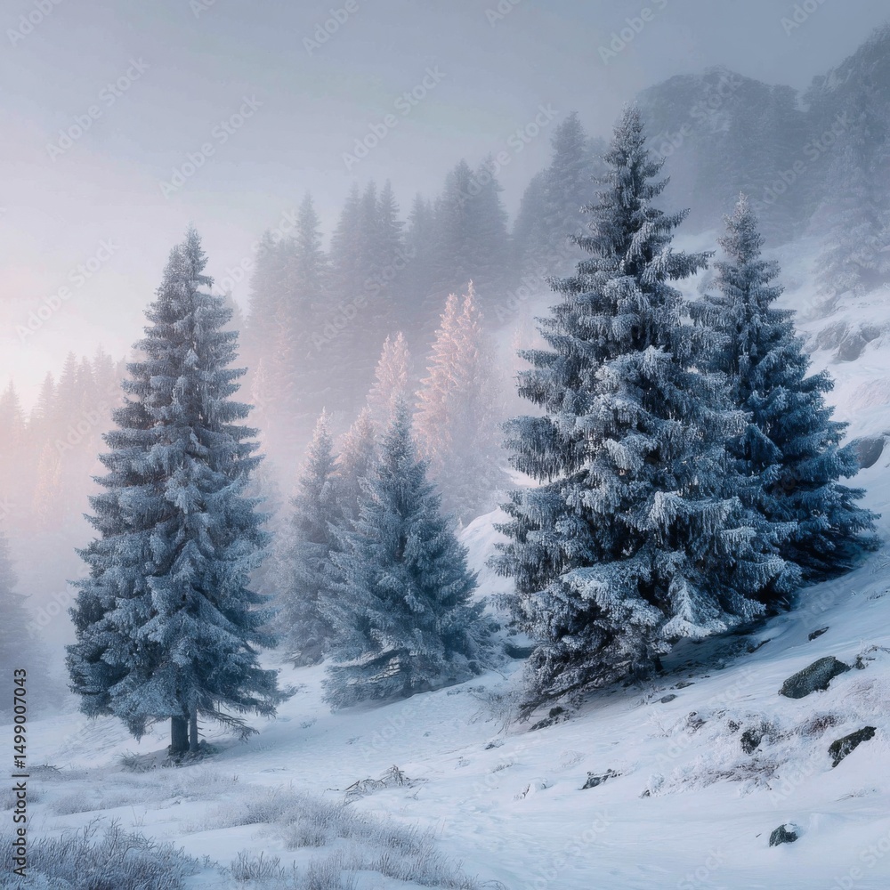 Snowy Fir Trees on a Misty Mountainside Snowy Fir Trees on a Misty Mountainside