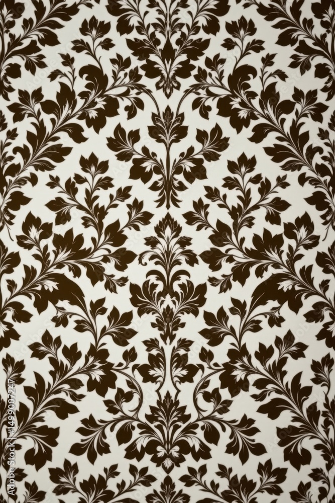 Obraz premium Elegant ornate floral damask pattern in dark brown and cream with intricate symmetrical leafy design perfect for backgrounds textiles and wallpapers