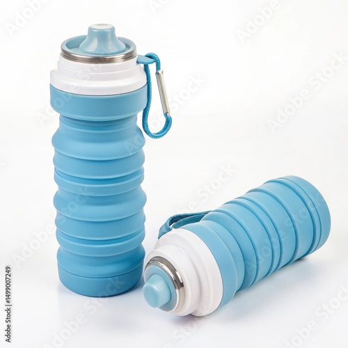 Collapsible blue water bottles designed for easy transport and storage.