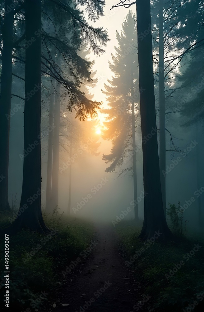 Naklejka premium Fog in the forest, woodland landscape