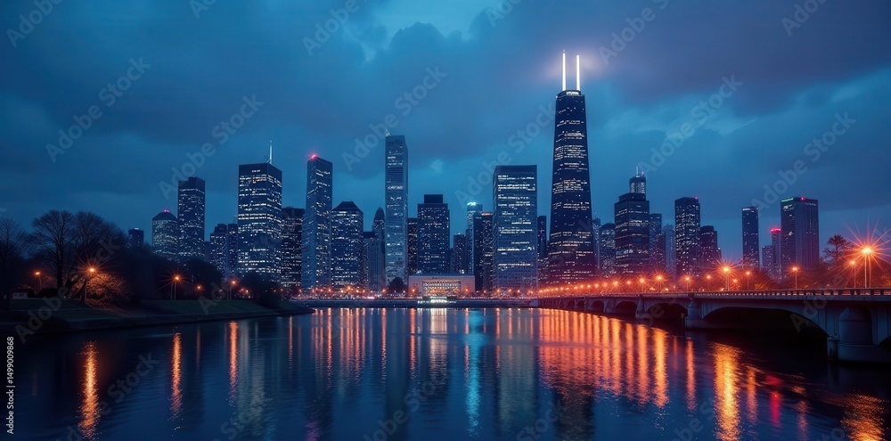 Fototapeta premium Dramatic Chicago cityscape at night, bright white backdrop, lights, night, view