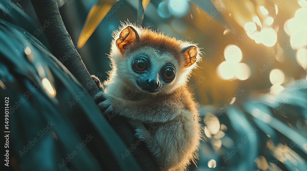 Naklejka premium Adorable wide-eyed mouse lemur perched on a jungle branch in the warm glow of the morning sun