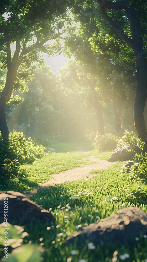 Fototapeta premium A serene forest path illuminated by sunlight, inviting exploration and tranquility.