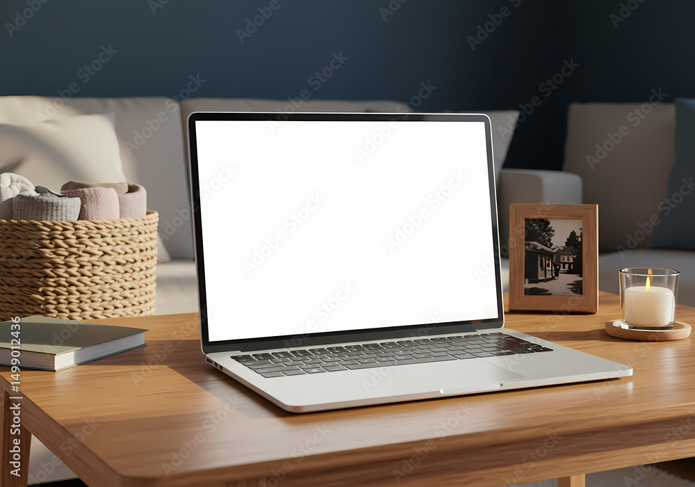 Fototapeta premium Laptop Mockup Cozy Home Office Workspace isolated on transparent background