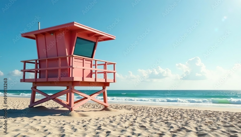 Elevated lifeguard tower overlooking a sandy beach and ocean , lookout, guard Elevated lifeguard tower overlooking a sandy beach and ocean , lookout, guard