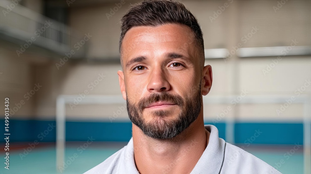 Obraz premium A focused athlete posing confidently in a sports facility.