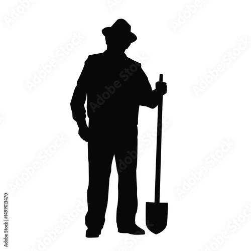 Silhouette of a farmer holding a shovel, representing labor, agriculture, and rural lifestyle work