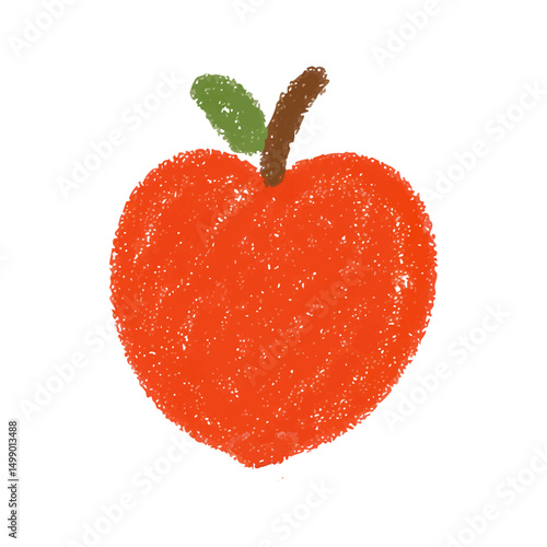 Apple Fruit Drawing in Crayon Style. Hand-drawn Red Apple illustration with Leaf and Stem. Cute Childlike Sketch for Kids, School, Organic Food, Healthy Snack, Doodle, Cartoon, Simple, Nature Art