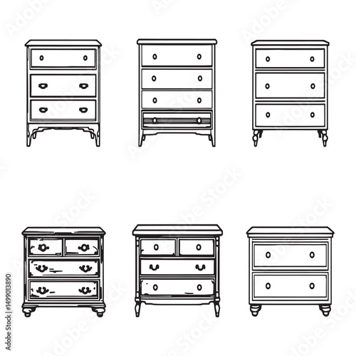 Minimalist wooden dresser with drawers line art vector design