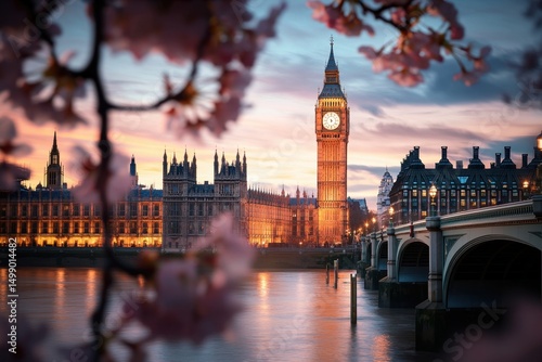 Spring cherry blossoms framing big ben at dusk london landscape photography serene environment artistic viewpoint nature’s beauty