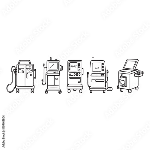 Modern anesthesia machine vector line art style hospital device drawing