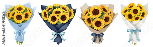 黄色いひまわりの様々な花束が青いリボンでラッピングされた水彩風のイラストセット 父の日 記念日のプレゼント 夏の花 向日葵