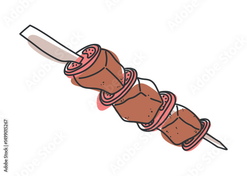 Line art doodle of Turkish shashlik with meat and tomatoes on skewer. Hand drawn black and white sketch of traditional shish kebab. Isolated vector for food design and culture themes.