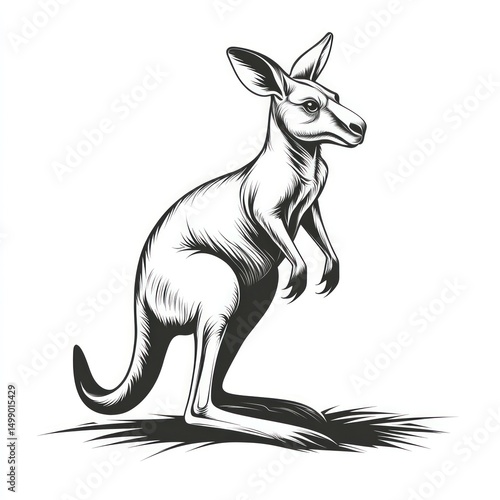 Monochrome kangaroo illustration. Detailed line drawing of a kangaroo standing