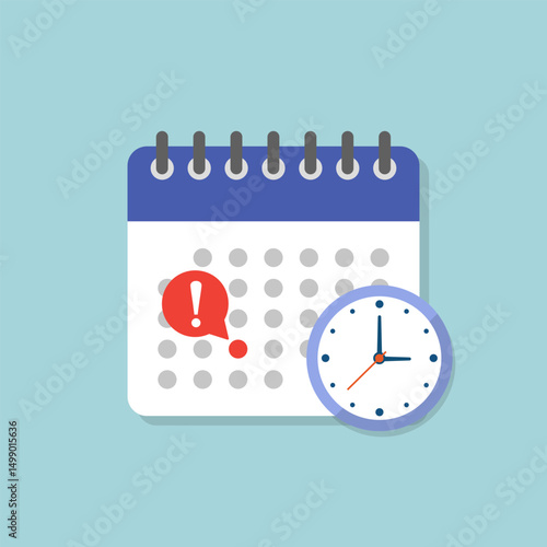 Calendar with clock and exclamation mark, calendar icon flat design. Event calendar reminder, business meeting schedule, appointment highlight deadline date, agenda planner symbol vector illustration.
