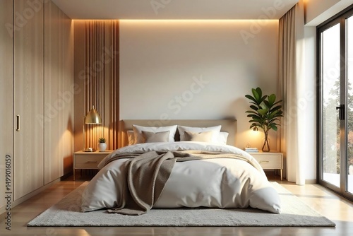 Wallpaper Mural Serene bedroom with minimalist decor, soft lighting, and plush textiles creating a restful atmosphere Perfect for relaxation and promoting well-being , plush, room, wood Torontodigital.ca