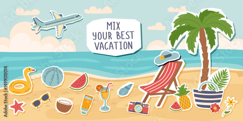 Travel collage. Travel and summer vacation concept banner. Summer beach with travel objects. Stickers style.
