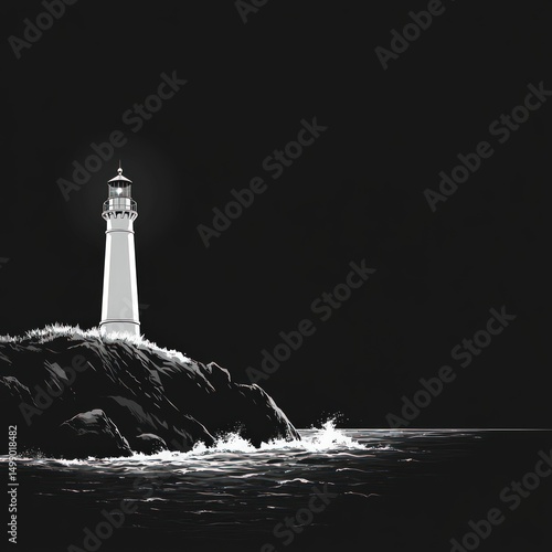 Luminous lighthouse on dark rocky coast
