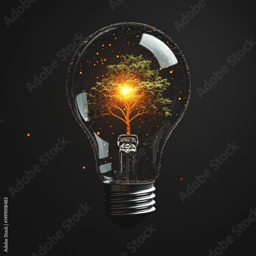 A lightbulb containing a small tree.  Energy, growth, innovation