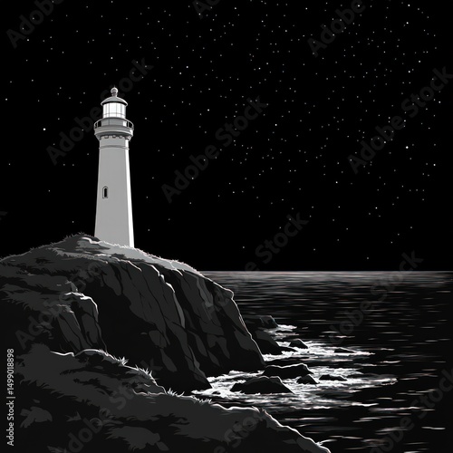 Lighthouse on a rocky coast at night.  Stars twinkle above the ocean