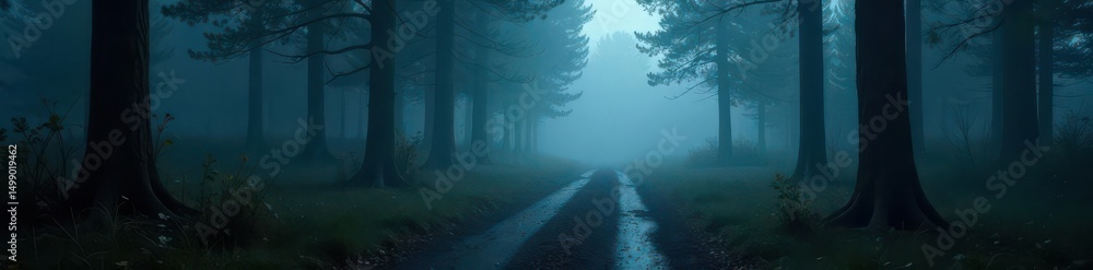 Fototapeta premium Dense fog hangs heavy, obscuring path through dark woods , branches, vibes, lonely