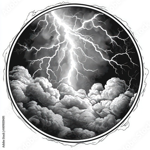 Dramatic storm clouds with a powerful lightning bolt