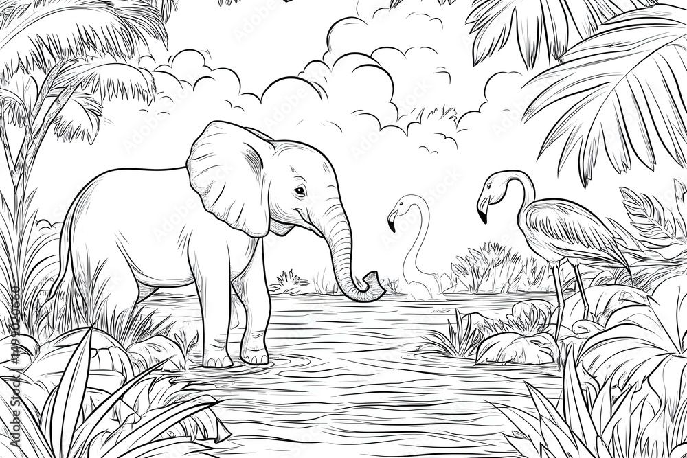 Obraz premium Elephant and Flamingo Meet at Tropical Watering Hole – Artistic Drawing