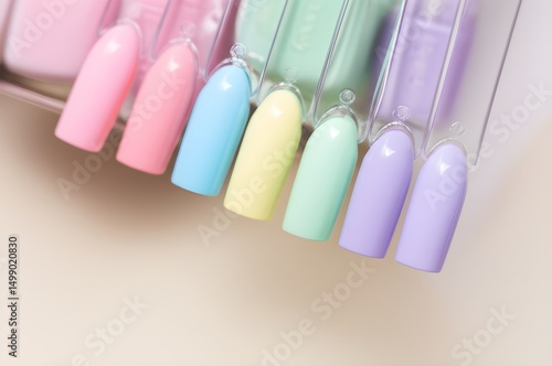 Create row of pastel nail polish bottles with matching color swatches
