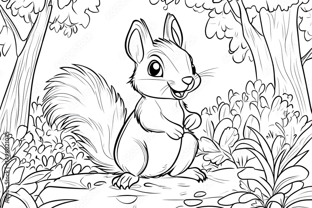 Fototapeta premium Happy Squirrel in Forest: Nature-Themed Coloring Page for Kids