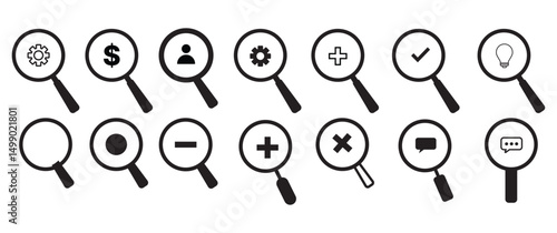 Search Icon Vector Set ,Magnifying Glass, Zoom In & Out, Features a wide range of magnifying glass vector icons, including zoom functionalities.