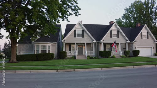 Canadian suburban house with flag, manicured lawn, and large trees on a quiet residential street


