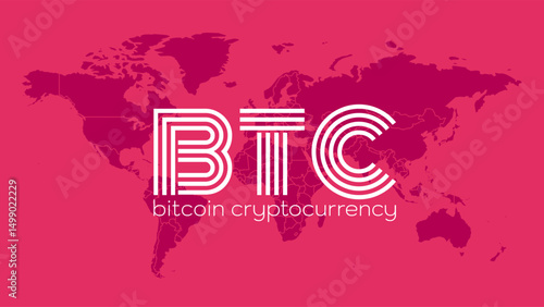 Bitcoin. Blockchain technology. Decentralization. Vector. Decentralized finance, business, cryptocurrency, digital global trade, payment, exchange. World map