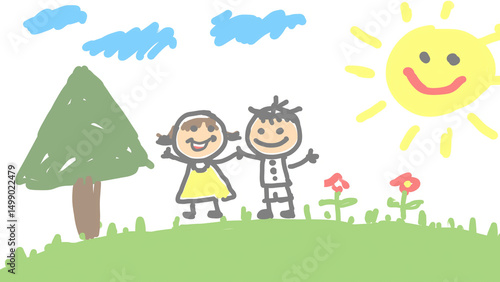 夏の丘で遊ぶ二人 - 子供が描いた太陽と木のほのぼのイラスト背景