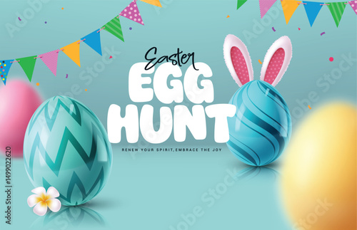 Easter egg hunt clipart poster design. Happy easter wishes clip art in festive blue background with printed eggs for traditional egg hunting celebration. Vector illustration.