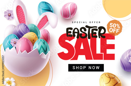 Easter sale clipart poster design. Happy easter sale text with big crack egg, colorful eggs and bunny ears for holiday 50% off shopping discount. Vector illustration easter sunday flyer design.
