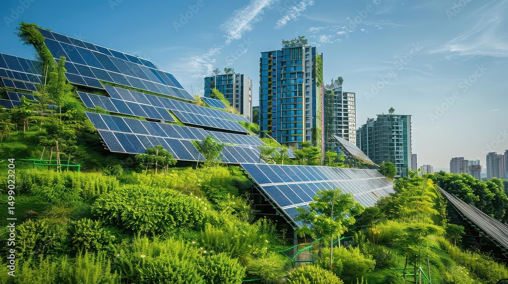 Fototapeta premium Solar panels on a green hillside with tall buildings in the background on a clear sunny day