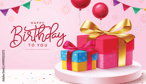 Birthday gift boxes vector design. Happy birthday gift in podium with greeting text and party elements for birthday present celebration in pink background. Vector illustration invitation card design.