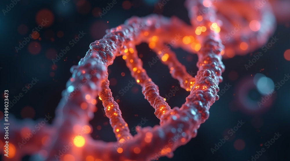Radiant Genetic Helix Close-Up Featuring a Vibrantly Glowing DNA Strand in a High-Tech Laboratory Environment, Surrounded by Floating Particles and Captured with Dramatic Depth of Field Radiant Genetic Helix Close-Up Featuring a Vibrantly Glowing DNA Strand in a High-Tech Laboratory Environment, Surrounded by Floating Particles and Captured with Dramatic Depth of Field
