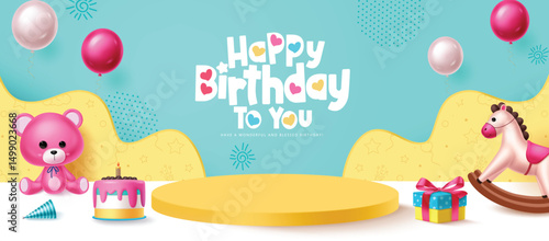 Birthday podium yellow vector template design. Happy birthday greeting text with birthday cake, teddy bear, rocking horse, gift box and balloon elements in stage paper cut blue background.