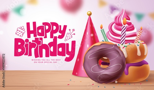 Birthday greeting donut vector design. Happy birthday text with chocolate donut, party hat, cup cake and candle decoration elements. Vector illustration kids party invitation card clip art. 
